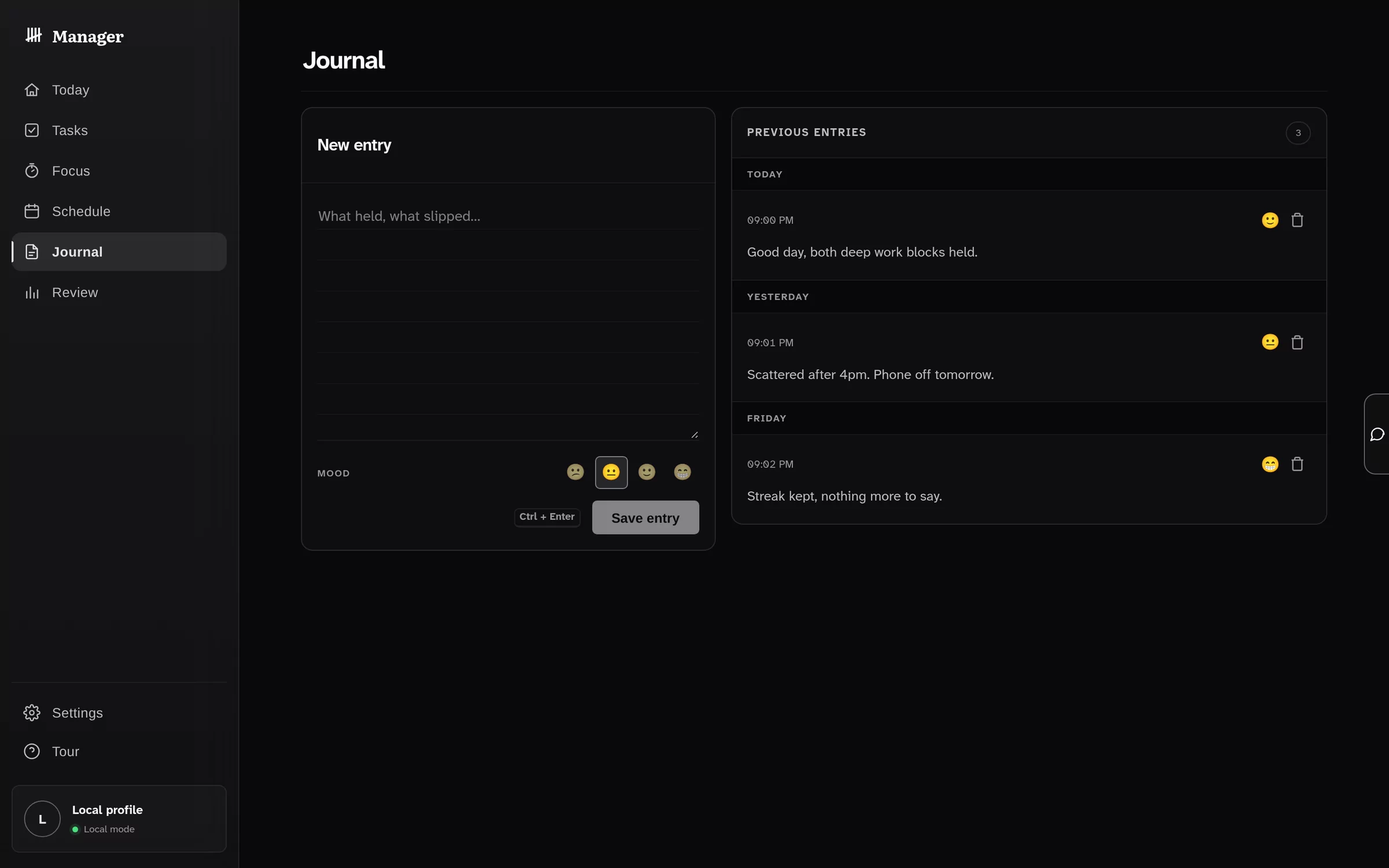 Manager — Journal view