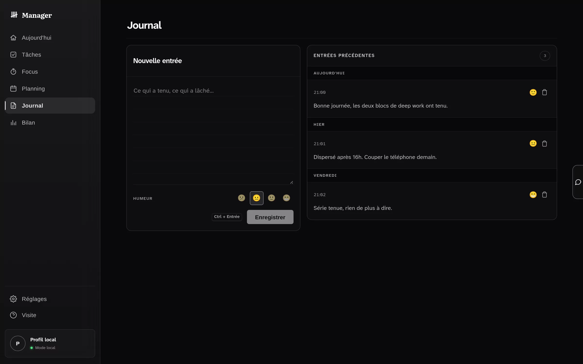 Manager — vue Journal