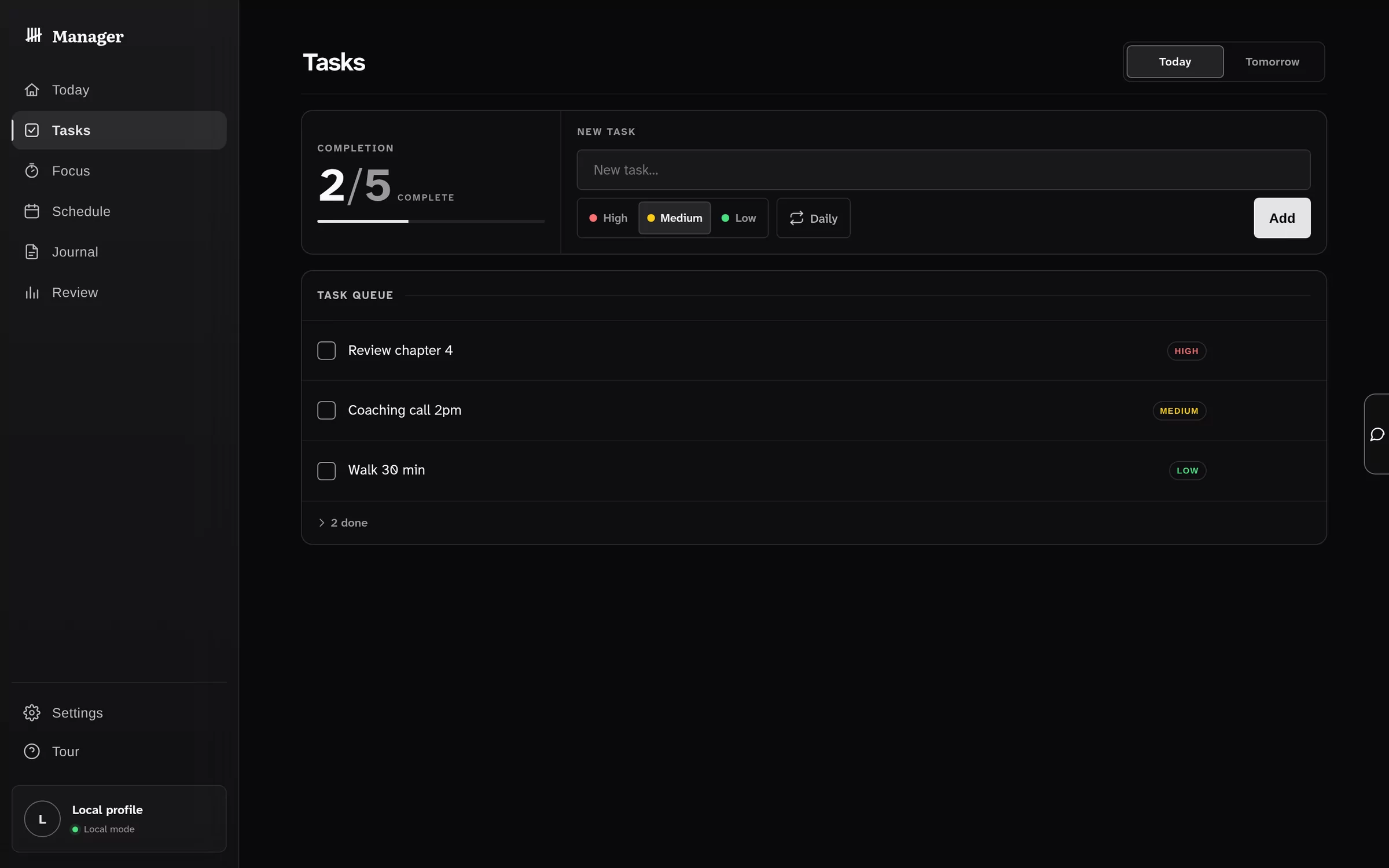 Manager — Tasks view