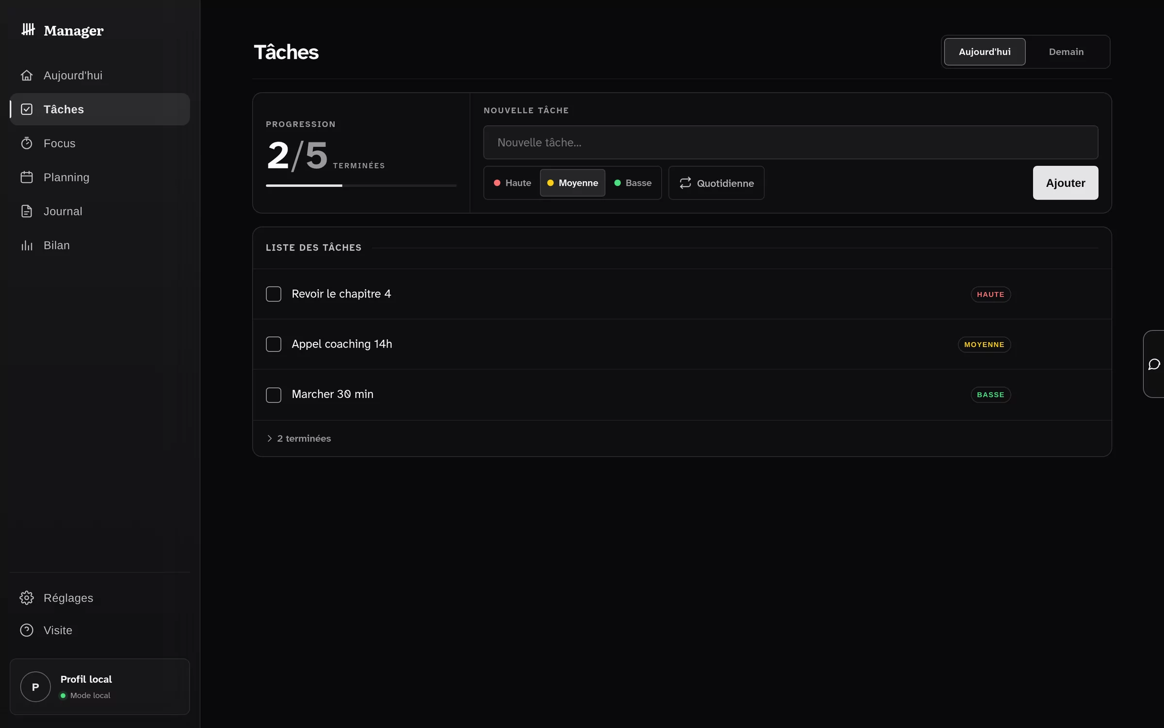 Manager — vue Tâches